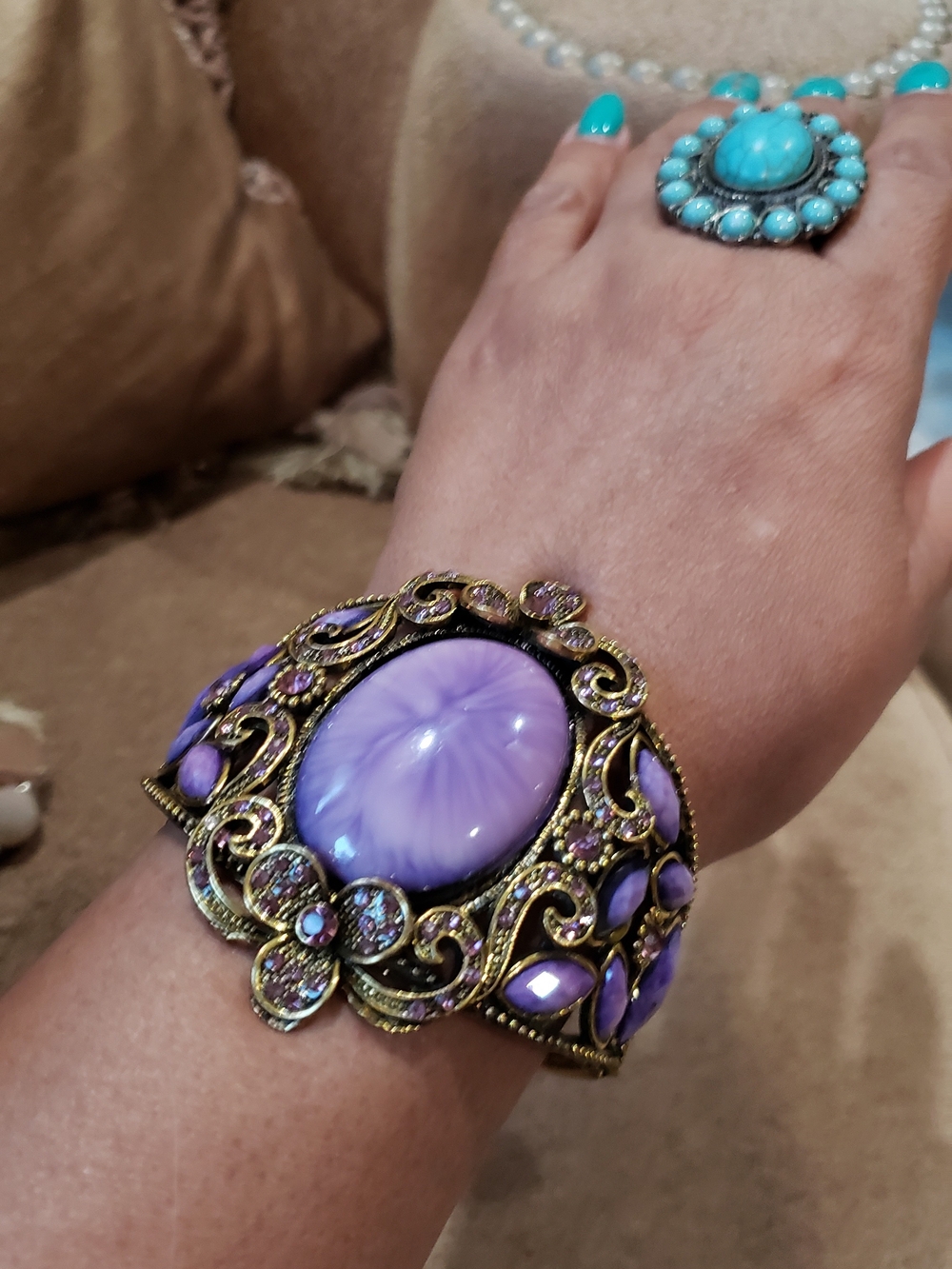 Victorian Revival Purple Cabochon Hinged Bracelet